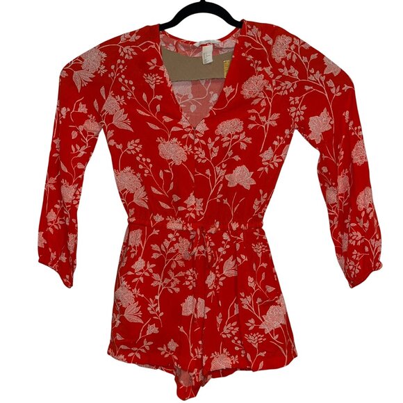 Red Floral Print V-Neck Romper With Drawstring Waist - Picture 1 of 8